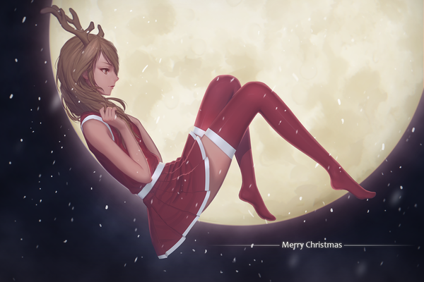 イラスト 1800x1200 と オリジナル 稀泥m ソロ 長髪 highres 茶色の髪 茶目 looking away プロフィール 角 snowing クリスマス winter merry christmas 女の子 ストッキング スカート 月 満月