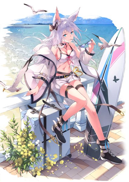 Anime picture 1381x1946 with original fuuro (johnsonwade) single long hair tall image looking at viewer fringe breasts blue eyes light erotic hair between eyes sitting sky cloud (clouds) full body bent knee (knees) outdoors white hair wind open jacket