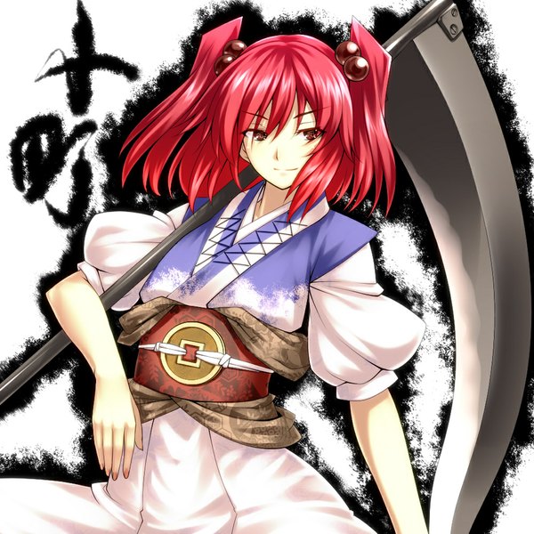 Anime picture 1000x1000 with touhou onozuka komachi tro single looking at viewer short hair red eyes red hair two side up girl dress hair ornament hair tie hair bobbles scythe