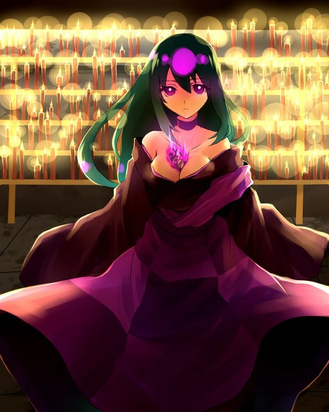 Anime picture 800x1000 with katanagatari white fox yasuri nanami kobanzame single long hair tall image looking at viewer bare shoulders cleavage traditional clothes pink eyes green hair glowing girl weapon candle (candles) dagger