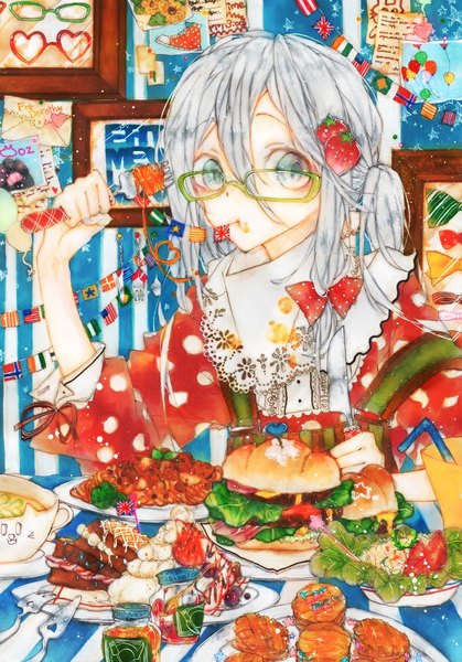 Anime picture 700x1003 with original yuuya (pixiv1797060) single long hair tall image blush twintails looking away silver hair aqua eyes eating girl hair ornament glasses food hairclip cup knife flag fork