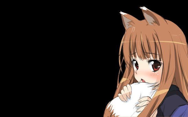 Anime picture 1920x1200 with spice and wolf horo single long hair looking at viewer blush fringe highres open mouth red eyes brown hair wide image holding animal ears payot tail blunt bangs animal tail wallpaper fox girl