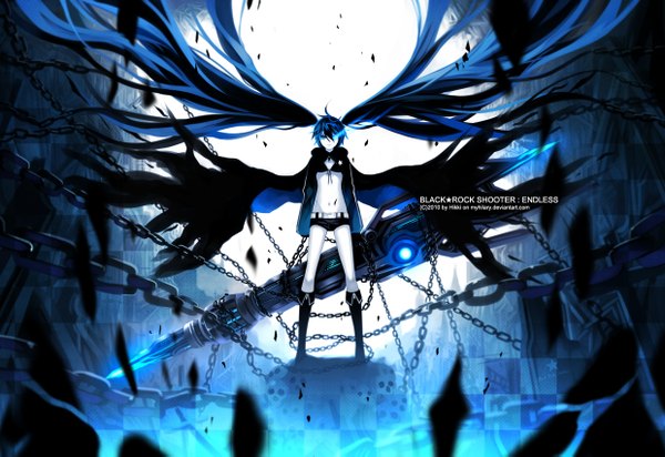 Anime picture 1240x853 with black rock shooter black rock shooter (character) myhilary single long hair blue eyes black hair twintails long sleeves very long hair glowing scar glowing eye (eyes) front-tie top girl weapon shorts boots star (symbol) chain