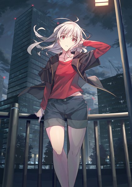 Anime picture 1131x1600 with original koh rd single long hair tall image looking at viewer fringe hair between eyes red eyes standing cloud (clouds) ahoge outdoors white hair parted lips arm up wind night open jacket night sky