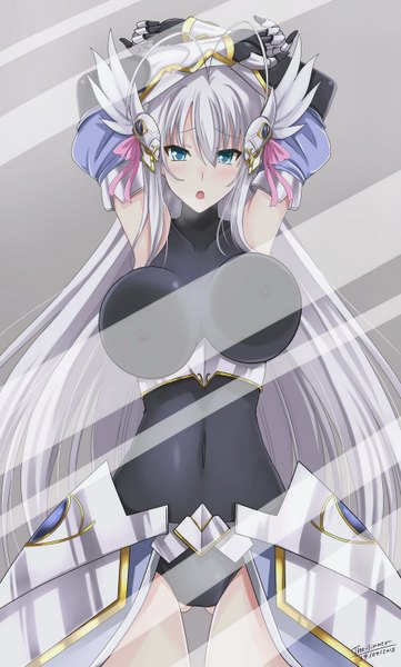 Anime picture 904x1500 with highschool dxd rossweisse the-sinner single long hair tall image blush fringe breasts blue eyes light erotic signed silver hair parted lips grey hair spread legs huge breasts dated arms behind head against glass