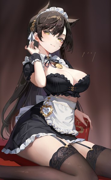 Anime picture 1100x1789 with azur lane atago (azur lane) chyoel single long hair tall image fringe breasts light erotic black hair hair between eyes large breasts sitting animal ears yellow eyes cleavage arm up light smile mole mole under eye