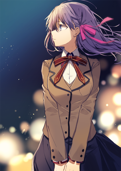 Anime picture 707x1000 with fate (series) fate/stay night matou sakura oshio (dayo) single long hair tall image fringe standing purple eyes looking away purple hair upper body profile wind girl uniform ribbon (ribbons) hair ribbon school uniform