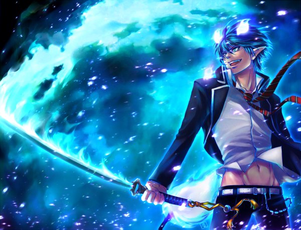 Anime picture 1275x975 with ao no exorcist a-1 pictures okumura rin rin-shiba single short hair open mouth blue eyes blue hair wind pointy ears teeth fang (fangs) magic glowing glow boy navel uniform weapon