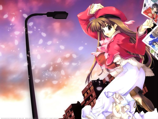 Anime picture 1280x960 with comic party hasebe aya mikage subaru nakamura takeshi single long hair looking at viewer fringe open mouth brown hair holding brown eyes sky outdoors long sleeves looking back happy soles hand on head adjusting hat