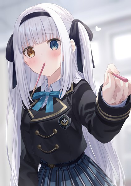 Anime picture 2026x2865 with virtual youtuber kagura mea channel kagura mea jimmy madomagi single long hair tall image looking at viewer blush fringe highres blue eyes standing holding yellow eyes payot white hair blunt bangs long sleeves pleated skirt