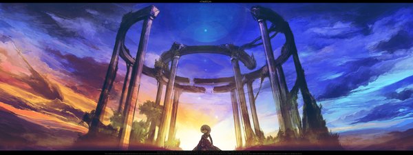 Anime picture 1680x630 with original rel single short hair wide image bare shoulders sky cloud (clouds) evening sunset scenic girl dress plant (plants) detached sleeves tree (trees) armor star (stars) pillar column