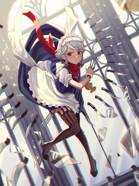 Anime picture 2982x3983 with touhou izayoi sakuya goback single tall image looking at viewer fringe highres short hair open mouth red eyes holding silver hair full body indoors braid (braids) short sleeves depth of field twin braids anaglyph