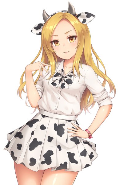 Anime picture 720x1080 with original sasaame single long hair tall image looking at viewer blush simple background blonde hair standing white background animal ears yellow eyes pleated skirt horn (horns) hand on hip fake animal ears animal print twisty sleeves tsurime