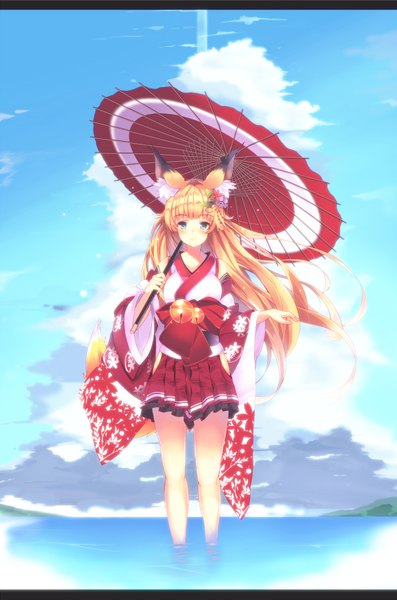Anime picture 1150x1735 with original mikususannda single long hair tall image looking at viewer blush blue eyes blonde hair smile animal ears sky cloud (clouds) tail traditional clothes japanese clothes animal tail fox ears floral print fox tail