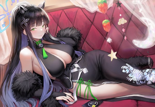 Anime picture 4552x3144 with blue archive shun (blue archive) mochirong single long hair looking at viewer blush fringe highres breasts light erotic black hair smile large breasts bare shoulders green eyes animal ears payot absurdres ponytail