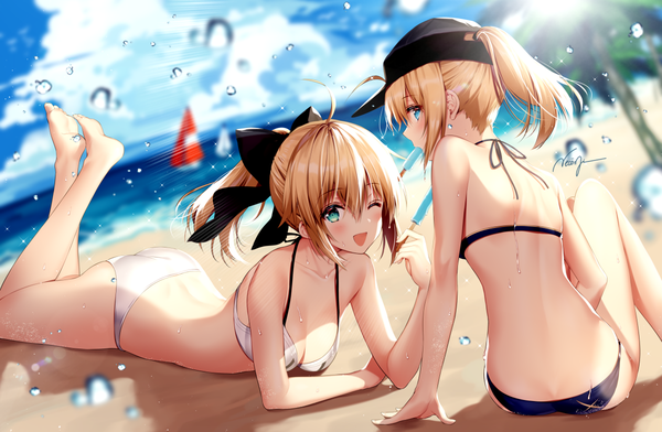 Anime picture 1200x784 with fate (series) fate/grand order fate/unlimited codes artoria pendragon (all) saber lily mysterious heroine x (fate) necomi (gussan) long hair looking at viewer blush fringe breasts open mouth blue eyes light erotic blonde hair hair between eyes sitting multiple girls holding