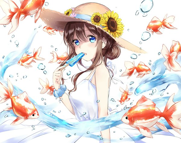 Anime picture 1686x1337 with original sena tea29 single long hair looking at viewer blush fringe blue eyes hair between eyes brown hair white background payot hair bun (hair buns) eating wrist scrunchie girl dress flower (flowers) hat animal