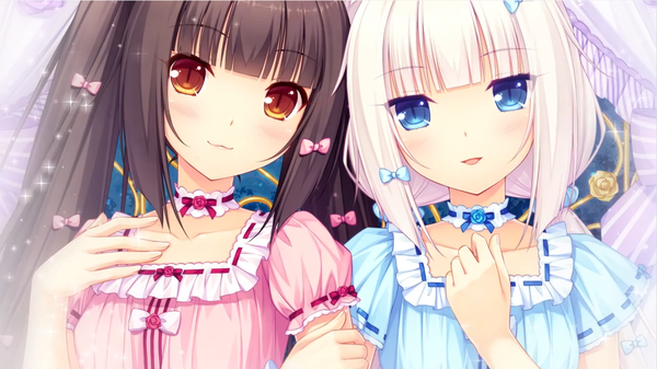 Anime picture 1281x721 with neko paradise vanilla (nekopara) chocola (nekopara) sayori long hair looking at viewer blush open mouth blue eyes black hair wide image twintails multiple girls brown eyes white hair light smile arm support hand on chest portrait shiny