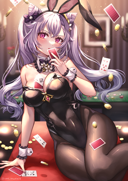 Anime picture 1700x2400 with genshin impact keqing (genshin impact) tamaso single long hair tall image looking at viewer blush fringe breasts light erotic hair between eyes large breasts twintails bare shoulders signed animal ears cleavage purple hair indoors