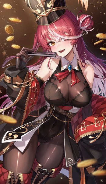 Anime picture 2450x4225 with virtual youtuber hololive houshou marine houshou marine (marching band) kokukyukeo single long hair tall image looking at viewer fringe highres breasts open mouth light erotic large breasts yellow eyes red hair :d multicolored hair hair over one eye