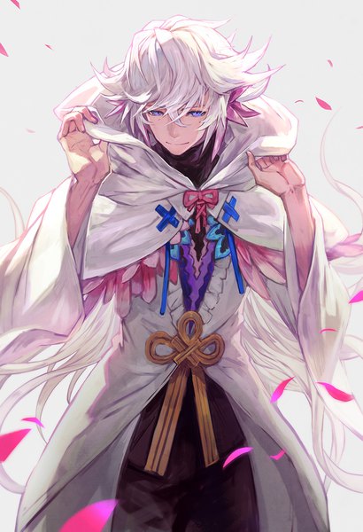 Anime picture 1024x1500 with fate (series) fate/grand order fate/stay night merlin (fate) lack single tall image fringe blue eyes simple background smile hair between eyes white hair very long hair grey background adjusting clothes adjusting hood boy petals hood