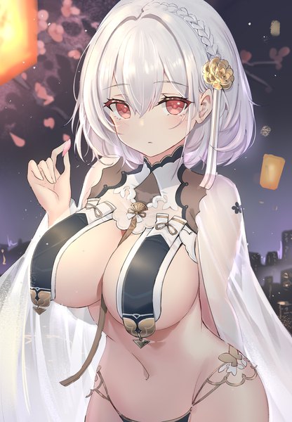 Anime picture 2480x3578 with azur lane sirius (azur lane) sirius (azure horizons) (azur lane) congqian you ke xing single tall image looking at viewer blush fringe highres short hair breasts light erotic hair between eyes red eyes standing holding silver hair outdoors braid (braids)