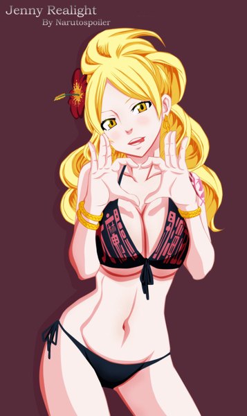 Anime picture 900x1510 with fairy tail jenny realight i-azu single long hair tall image blush light erotic blonde hair simple background yellow eyes hair flower inscription midriff tattoo coloring brown background girl navel hair ornament