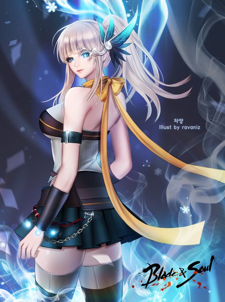 Anime picture 1455x1949 with blade & soul ravaniz single long hair tall image looking at viewer fringe blue eyes blonde hair bare shoulders signed payot ponytail blunt bangs looking back inscription copyright name glowing hieroglyph glowing eye (eyes)