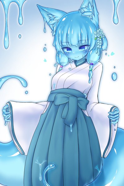 Anime picture 1440x2160 with original curss single long hair tall image blue eyes smile animal ears blue hair traditional clothes japanese clothes wide sleeves fox ears looking down miko monster girl liquid hair slime girl girl hair ornament