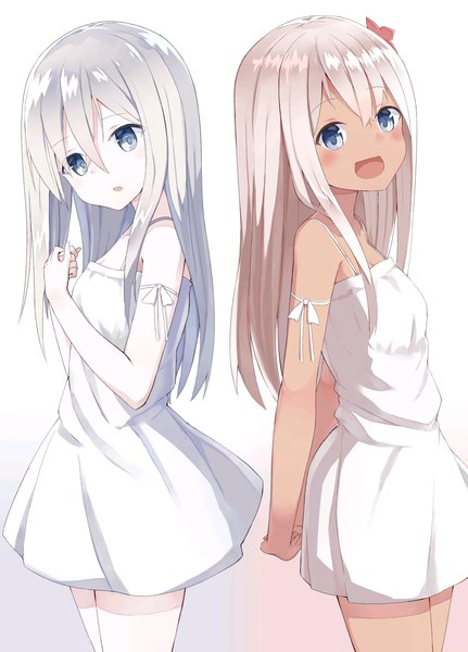 Anime picture 1000x1390 with kantai collection ro-500 submarine u-511 submarine shikuro (iorimiyakiyo) long hair tall image looking at viewer blush fringe open mouth blue eyes hair between eyes bare shoulders multiple girls white hair dark skin pale skin girl hair ornament 2 girls