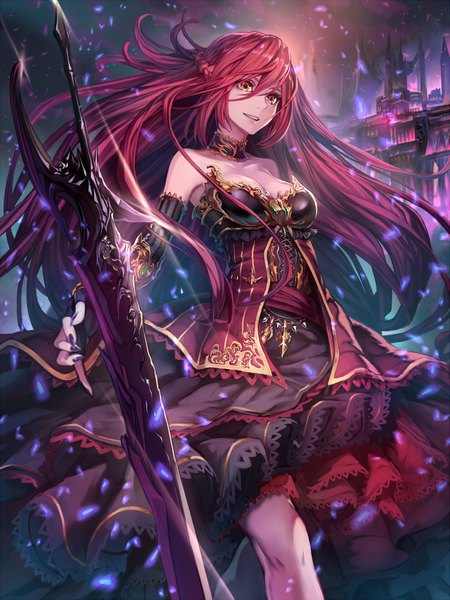 Anime-Bild 1243x1658 mit original essual (layer world) single long hair tall image fringe breasts smile hair between eyes red eyes large breasts bare shoulders payot looking away cleavage red hair nail polish parted lips wind purple nail polish