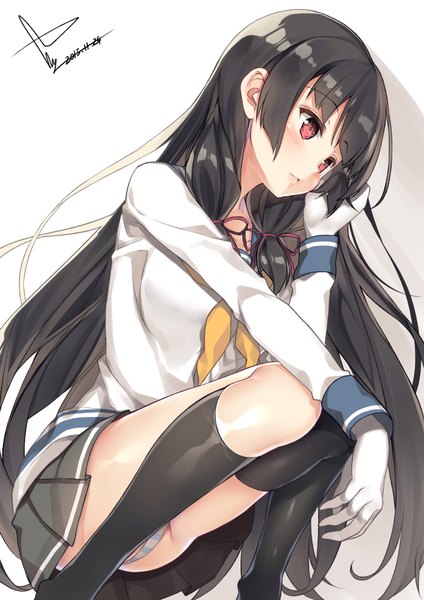 Anime picture 566x800 with kantai collection isokaze destroyer yappen single long hair tall image blush fringe light erotic black hair simple background red eyes white background signed payot shadow pantyshot adjusting hair dated squat