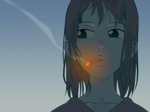 Anime picture 1600x1200 with flcl gainax samejima mamimi single long hair looking away gradient background blue background smoke vector smoking girl