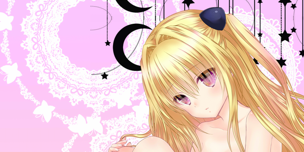 Anime picture 1252x626 with toloveru toloveru darkness xebec konjiki no yami baraichigo long hair looking at viewer light erotic blonde hair red eyes wide image pink background crescent girl star (symbol) lace moon (symbol)