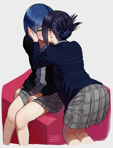 Anime picture 893x1166 with darling in the franxx studio trigger ichigo (darling in the franxx) ikuno (darling in the franxx) carlo montie tall image blush short hair black hair simple background standing sitting multiple girls green eyes payot blue hair pleated skirt from above grey background open jacket