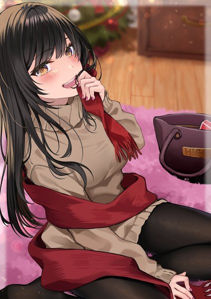 Anime picture 1448x2048 with original hizuki higure single long hair tall image looking at viewer blush fringe breasts open mouth black hair smile sitting yellow eyes indoors blunt bangs long sleeves nail polish :d fingernails