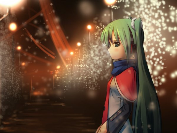 Anime picture 1024x768 with vocaloid hatsune miku kakaon single long hair twintails green eyes profile green hair girl scarf