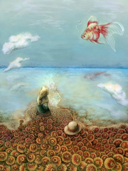 Anime picture 1050x1400 with original kamen apron single long hair tall image blonde hair sitting sky cloud (clouds) back reflection girl flower (flowers) hat water sea cape bubble (bubbles) fish (fishes) straw hat