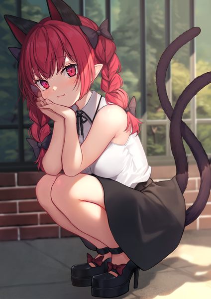 Anime picture 1447x2047 with touhou kaenbyou rin wowoguni single long hair tall image looking at viewer blush fringe breasts smile red eyes animal ears full body red hair tail blunt bangs braid (braids) animal tail pointy ears