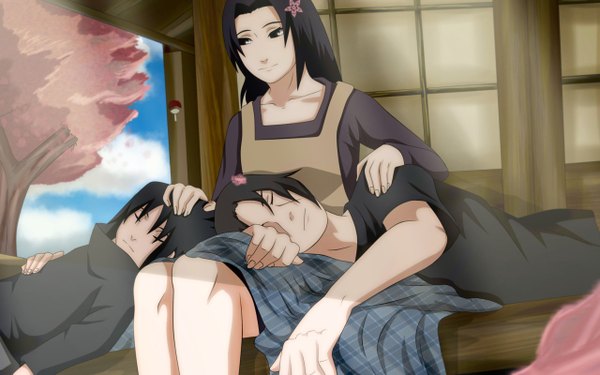 Anime picture 2560x1600 with naruto studio pierrot naruto (series) uchiha sasuke uchiha itachi uchiha mikoto long hair highres short hair black hair wide image sky lying eyes closed black eyes multiple boys kneeling sleeping siblings akatsuki