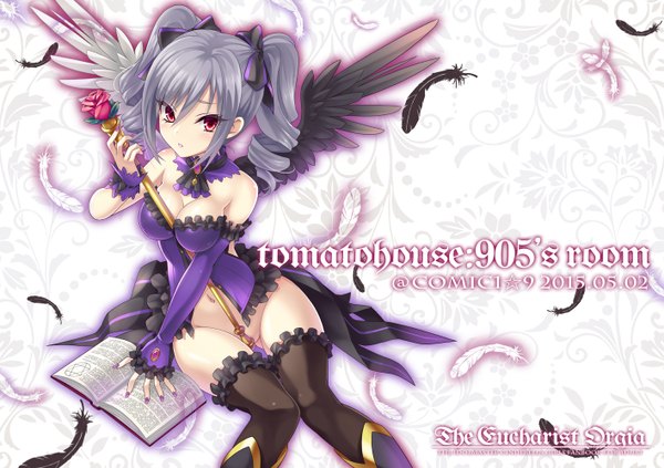 Anime picture 1416x1000 with idolmaster idolmaster cinderella girls kanzaki ranko urabi (tomatohouse) single long hair looking at viewer breasts light erotic grey hair drill hair girl thighhighs bow black thighhighs hair bow wings frills feather (feathers)
