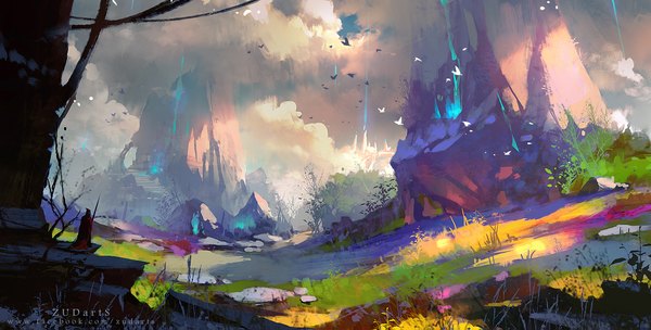 Anime picture 1920x975 with original zudarts lee single highres wide image signed sky cloud (clouds) from behind sunlight mountain ambiguous gender plant (plants) cape grass staff stone (stones)