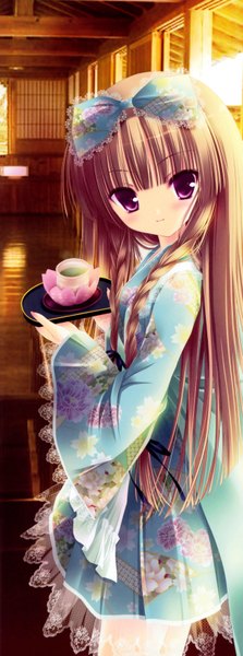 Anime picture 2615x7015 with original tinker bell single long hair tall image highres blonde hair braid (braids) traditional clothes pink eyes looking back loli girl bow hair bow