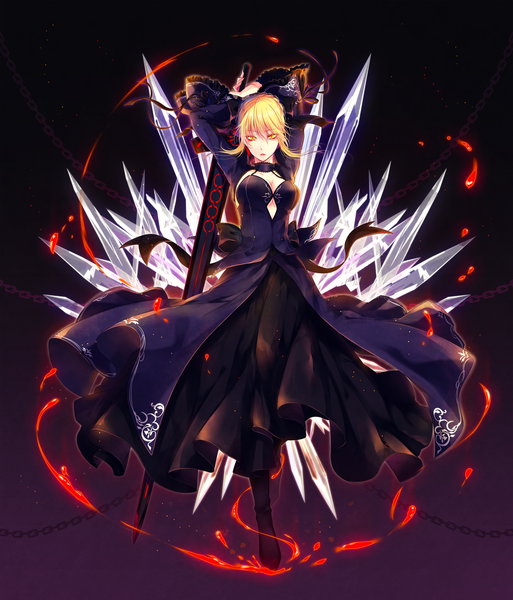 Anime picture 2133x2494 with fate (series) fate/grand order artoria pendragon (all) saber alter mokoppe single tall image looking at viewer highres short hair blonde hair yellow eyes dark background girl dress weapon sword black dress chain