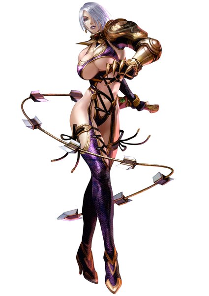 Anime picture 3000x4232 with soulcalibur ivy tall image fringe highres short hair breasts blue eyes light erotic simple background large breasts white background absurdres white hair hair over one eye pantyhose pull weapon earrings armor claws