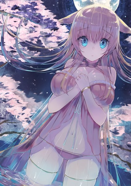 Anime picture 707x1000 with original kou mashiro single long hair tall image looking at viewer breasts light erotic large breasts animal ears pink hair aqua eyes night cherry blossoms girl thighhighs underwear panties plant (plants) white thighhighs