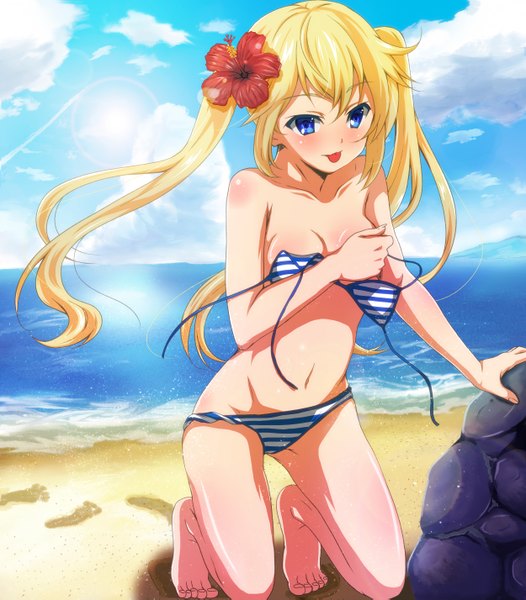 Anime picture 2500x2853 with original noa p (artist) long hair tall image highres blue eyes light erotic blonde hair twintails hair flower beach covering body blush covering breasts girl navel hair ornament swimsuit bikini tongue