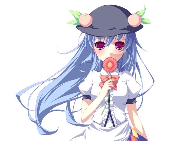 Anime picture 1750x1400 with touhou hinanawi tenshi kabata (mechisan) single long hair highres simple background red eyes white background blue hair girl flower (flowers) hat