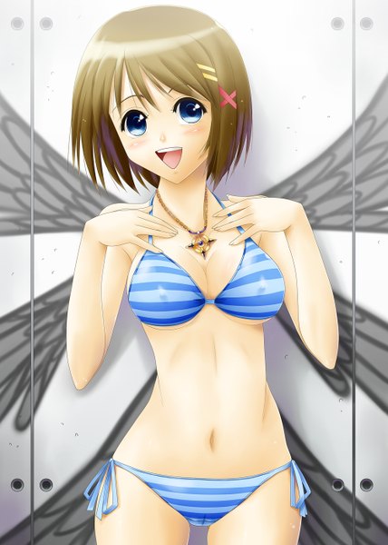 Anime picture 1000x1400 with mahou shoujo lyrical nanoha mahou shoujo lyrical nanoha strikers yagami hayate ayato single tall image blush short hair open mouth blue eyes light erotic brown hair covered nipples fake wings girl navel swimsuit bikini wings pendant
