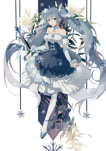 Anime picture 3507x4960 with vocaloid hatsune miku yuki miku yuki miku (2019) zhibuji loom single tall image looking at viewer highres blue eyes white background twintails bare shoulders blue hair absurdres full body very long hair gradient hair frilled dress girl